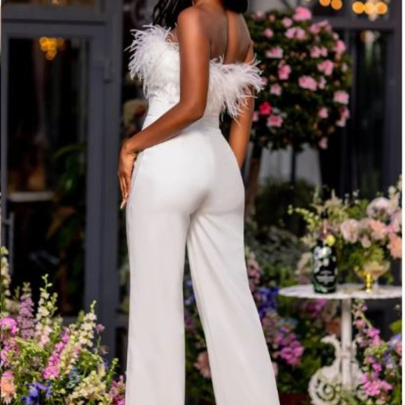 WHITE BANDEAU FEATHER WIDE LEG JUMPSUIT wedding bachelorette bride bridal shower - Picture 2 of 5